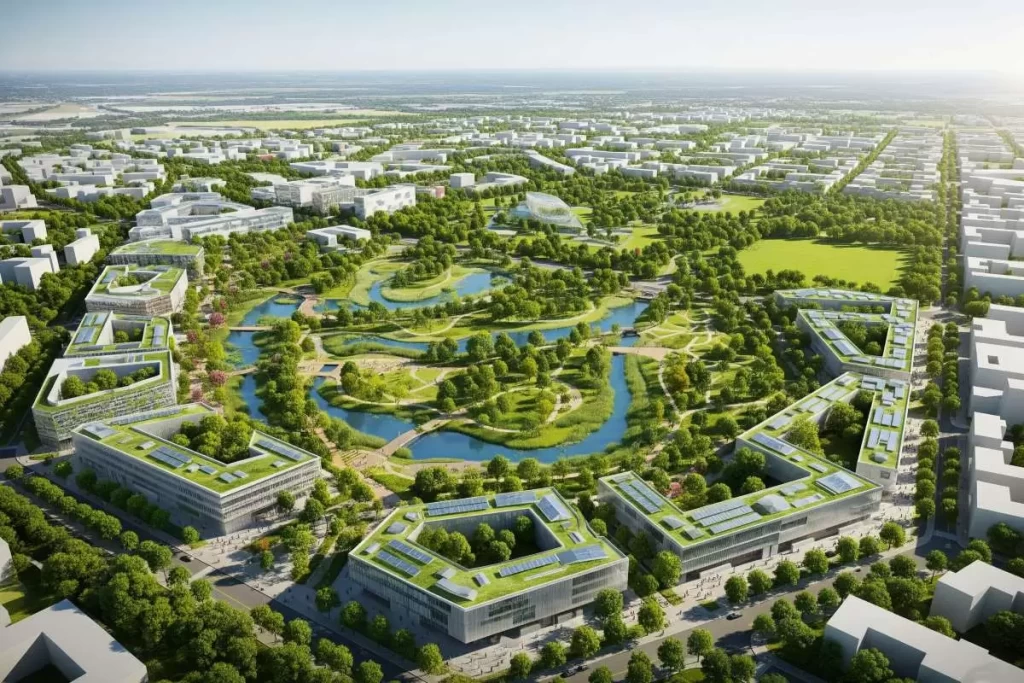 An aerial view of a modern eco-friendly urban development showcasing wide open green spaces, interconnected pathways, water features, and low-rise buildings arranged with emphasis on the ground plane, illustrating the principles of urbanism through sustainable landscape design.