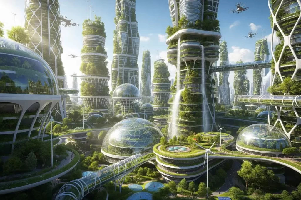 A futuristic cityscape with towering buildings covered in lush greenery, elevated walkways, and expansive public plazas illustrating the principles of urbanism through intelligent integration of culture, technology, and sustainable design.