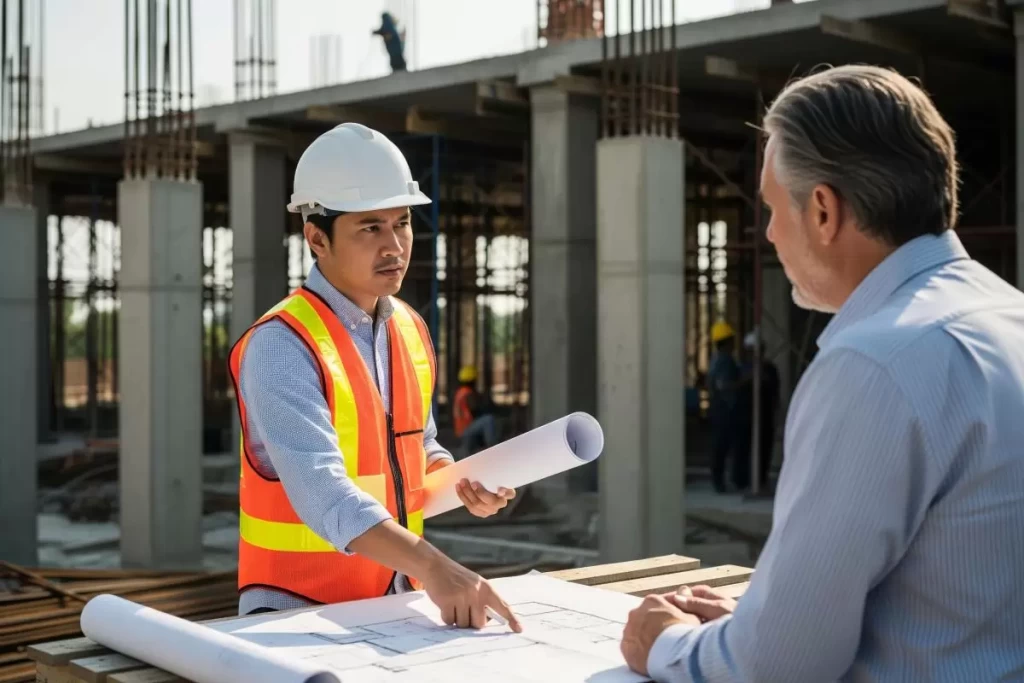 An architect on a construction site reviews large rolled-out blueprints while wearing a safety helmet and vest, surrounded by partially built structures and scaffolding, illustrating an early professional training experience in Philippine architecture.