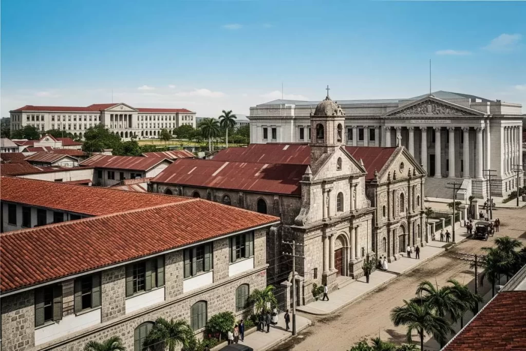 A colonial-era government building with neoclassical columns, a grand portico, symmetrical stone facade, and ornate pediment rises under a clear tropical sky, representing the civic ideals and monumental character of Philippine architecture during the American period.