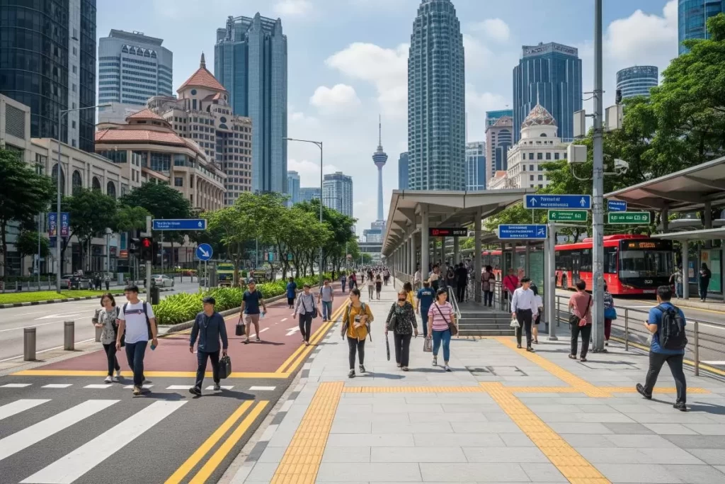 A busy street in Kuala Lumpur shows buses, cars, and pedestrians moving past rows of high-rise buildings, with visible rail tracks and station entrances nearby, illustrating the city’s accessible mobility network for residents of public housing areas.