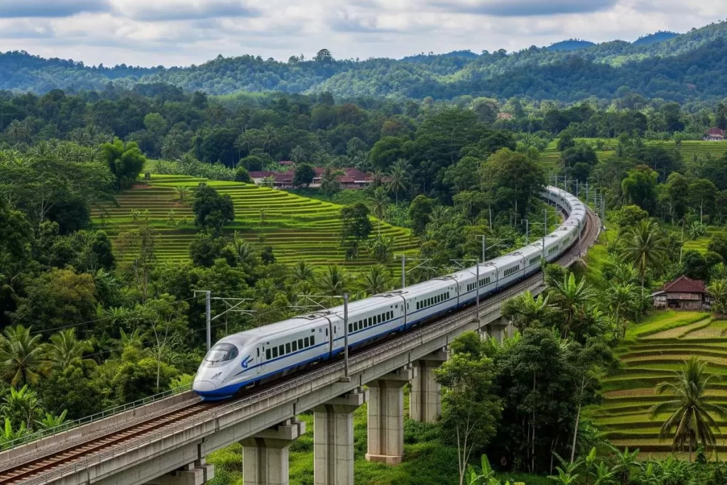 A sleek Indonesian high-speed train glides along elevated tracks under a clear sky, showcasing advanced public transportation infrastructure with modern rail design that connects Jakarta, Bandung, and other major cities in Indonesia.