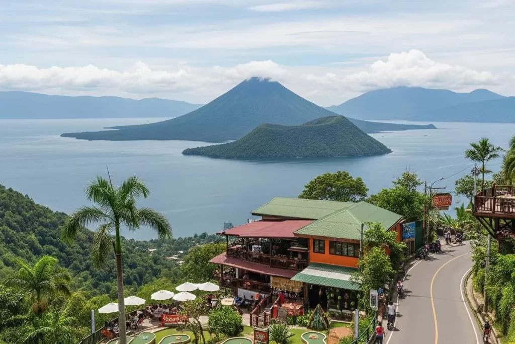 A scenic overlooking view of Tagaytay City showing lush green hills, residential clusters, and clear skies with distant views of Taal Lake, representing serene living in Tagaytay City.