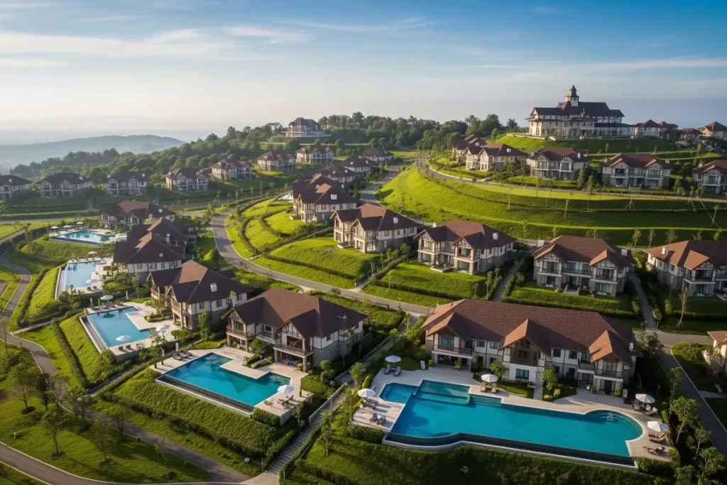An aerial view of upscale hillside homes with private pools surrounded by lush greenery, with commercial buildings and roads in the distance, depicting the growth of highland property developments and business enterprises.