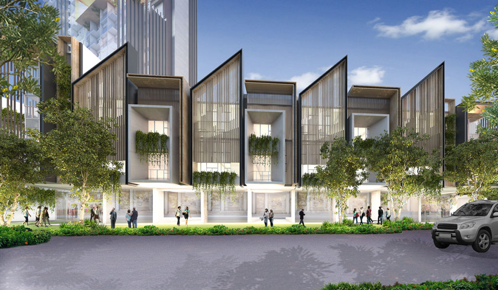 An architectural render of the proposed modern shophouse development in Jakarta, Indonesia.