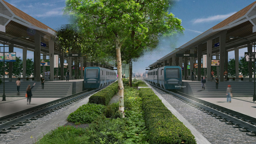 A digital illustration depicts a modern elevated train station with multiple platforms, streamlined tracks, pedestrian access points, and surrounding urban elements, visually representing efficient mass transit infrastructure within the framework of a compact city.