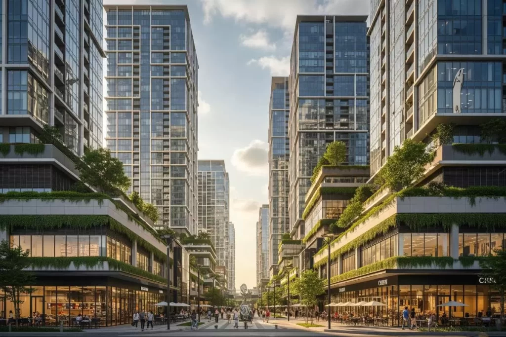 A modern city street in the Philippines lined with tall residential and commercial buildings, shops, restaurants, and trees, with people walking along the pedestrian area, illustrating the landscape of real estate investment in the Philippines.