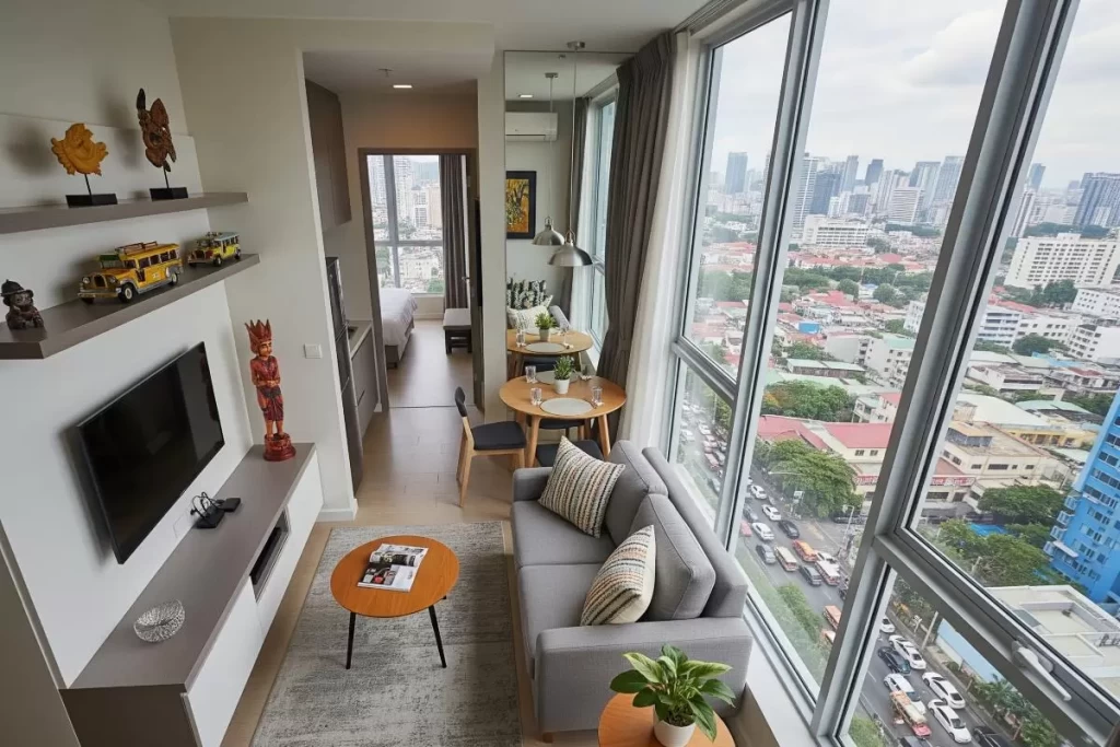 A modern apartment interior in the Philippines with large windows showcasing a panoramic city skyline, illustrating the lifestyle appeal and growth of real estate investment in the Philippines.