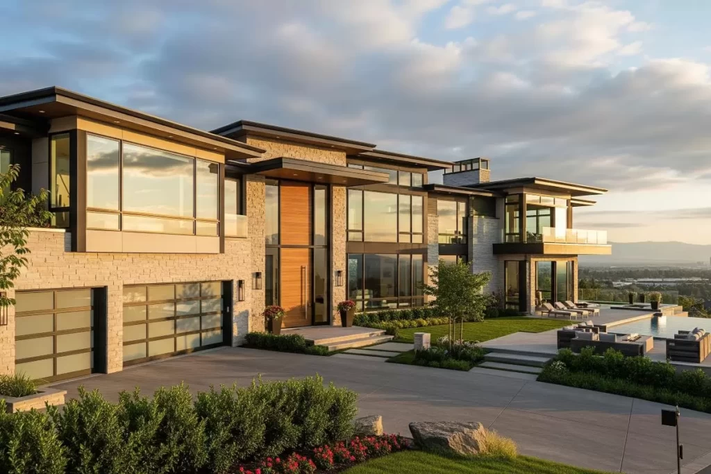A luxurious modern house in the Philippines with an infinity pool overlooking a city skyline at sunset, representing the shift in residential demand and the evolving lifestyle of Filipino families.