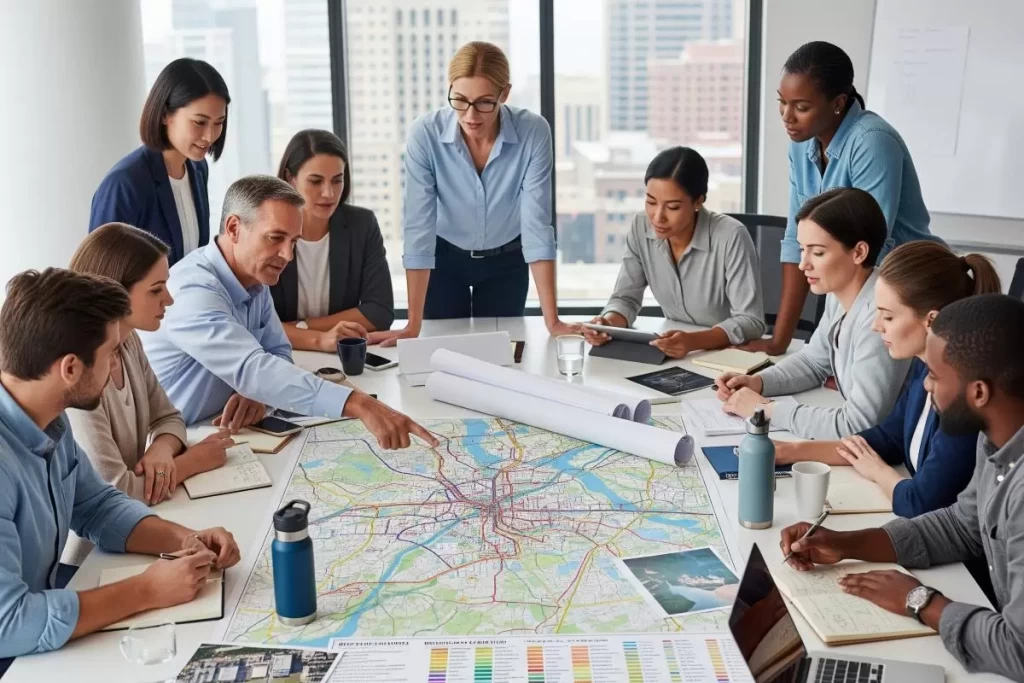 A group of diverse Filipino professionals including certified transportation engineers, urban planners, and municipal evaluators discussing traffic maps, diagrams, and digital models in a government office, illustrating the professional qualifications, regulatory authority, and institutional framework for conducting a traffic impact assessment in the Philippines.