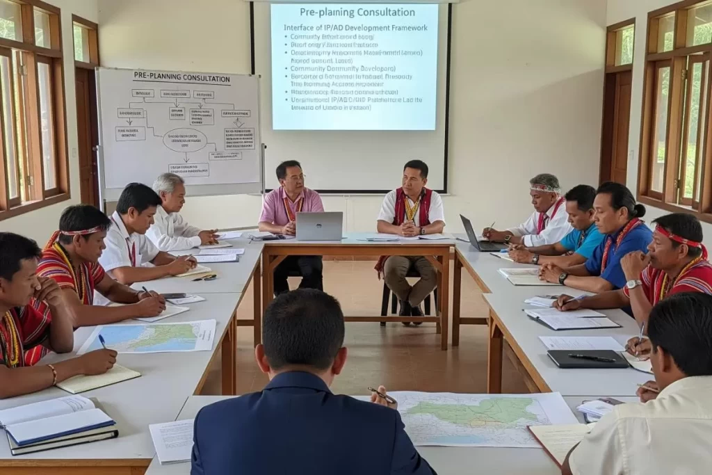 Members of an Indigenous community gather in a planning session around visual aids and written plans, actively participating in the formulation of the Ancestral Domains Sustainable Development and Protection Plan through inclusive dialogue and structured consultation.