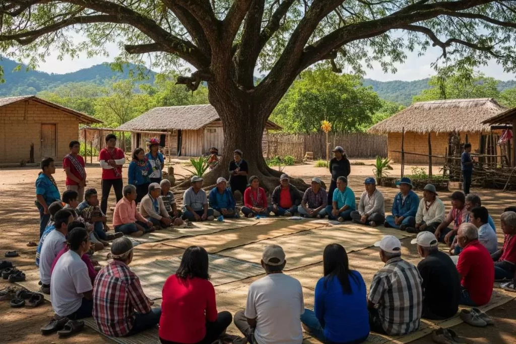 A group of Indigenous people gathers in a circle on open ground, engaged in communal dialogue or ritual, reflecting traditional socio-cultural practices and the continuity of Indigenous lifeways in the Philippines.