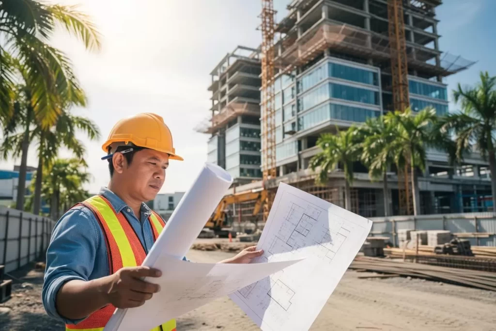 A licensed architect wearing a hard hat and holding technical plans stands beside a partially completed structure, actively overseeing construction progress in alignment with Republic Act 9266, emphasizing the site responsibilities of a modern architect in the Philippines.