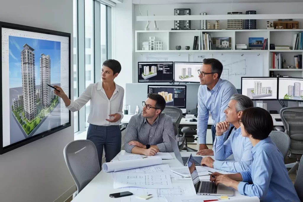 A group of Philippine architects collaborates around a large interactive digital screen displaying a 3D building model, illustrating the real-time application of Building Information Modeling in architectural design and construction workflows.