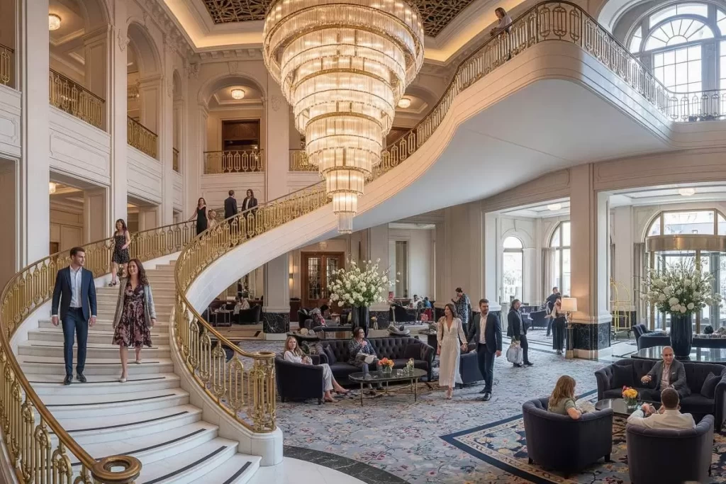 The image shows the grand lobby of a luxurious hotel featuring a sweeping staircase with gold railings, a large multi-tiered chandelier hanging from an ornate ceiling, plush seating areas with sofas and armchairs, and people walking and socializing, illustrating the concept for hotel design in an elegant and sophisticated setting.