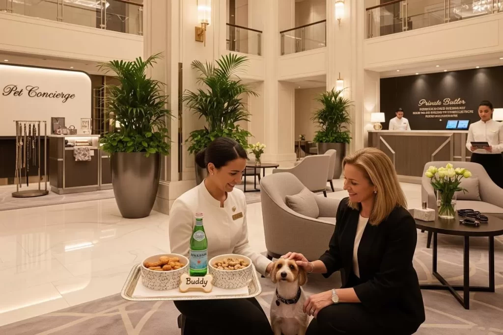 The image shows an elegant and well-lit hotel lobby with a hotel employee kneeling to offer a tray of dog treats and water to a small dog as a woman pets it, with a “Private Butler” service desk visible in the background, along with plants and seating areas, illustrating the concept for hotel design through pet concierge and personalized hospitality amenities.
