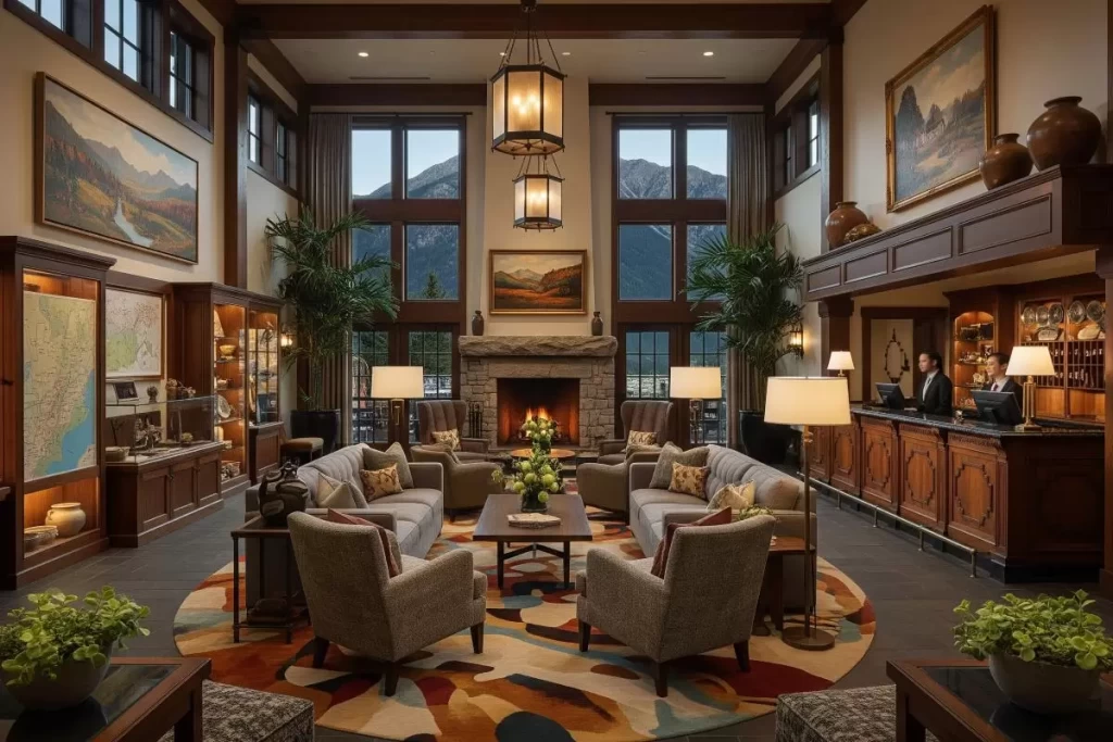 The image shows the interior of a luxurious hotel lobby with a seating area of armchairs and sofas arranged around a colorful rug, a stone fireplace framed by large windows overlooking mountains, and a wooden reception desk staffed by two people, illustrating how hotel design fosters a sense of belonging and elegance.