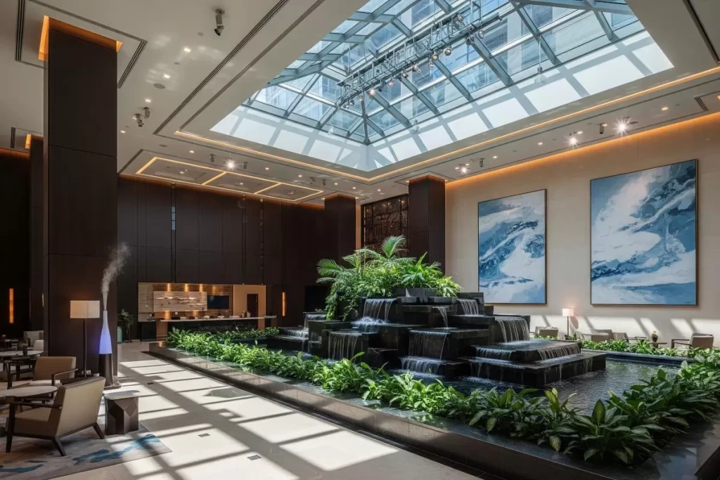 The image shows a modern and spacious hotel lobby with a large tiered water feature surrounded by lush greenery, a glass ceiling that floods the space with natural light, abstract paintings on the walls, and seating areas for guests, illustrating the concept for hotel design through elegant architecture and tranquil atmosphere.