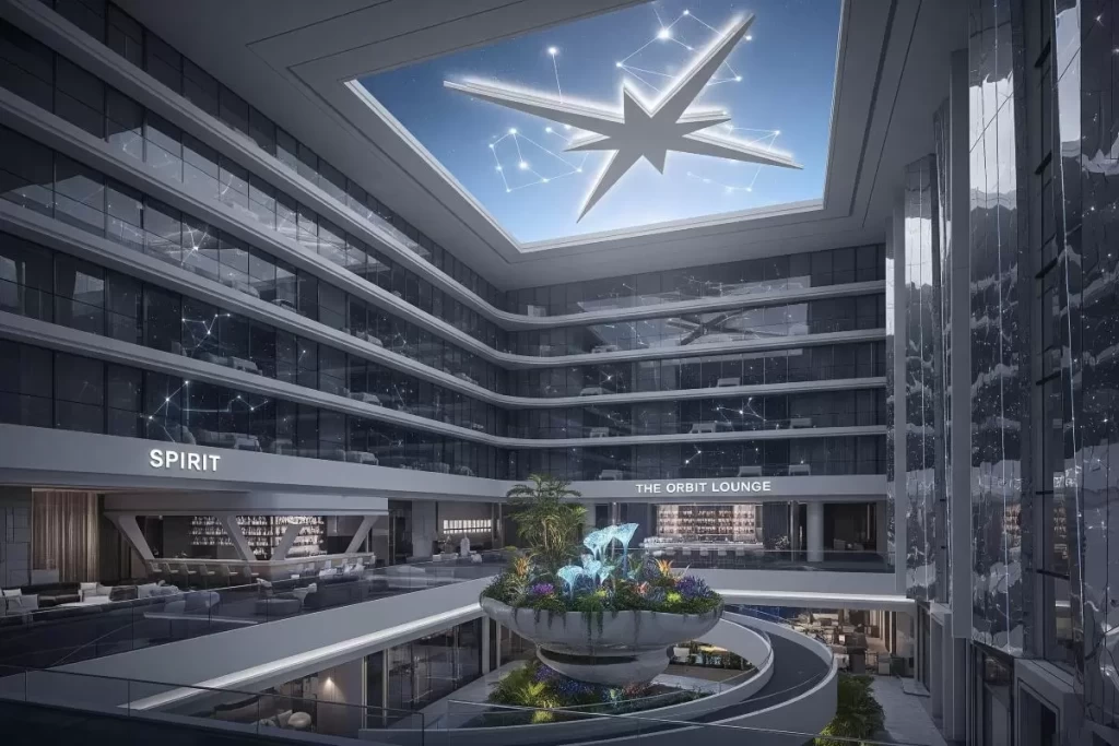 The image shows the interior of a modern multi-story building with a futuristic design featuring a central atrium with a large star-shaped skylight, a decorative water feature surrounded by greenery, visible glass windows revealing multiple levels, and signage for “Spirit” and “The Orbit Lounge,” presenting a sleek contemporary aesthetic that embodies a concept for hotel design.
