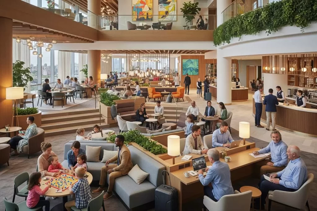 The image shows a spacious modern hotel lounge with families playing games, individuals working on laptops, and others relaxing or conversing, surrounded by comfortable seating, indoor plants, a coffee bar, and an open second level, illustrating how hotel space design enhances customer flow and experience.