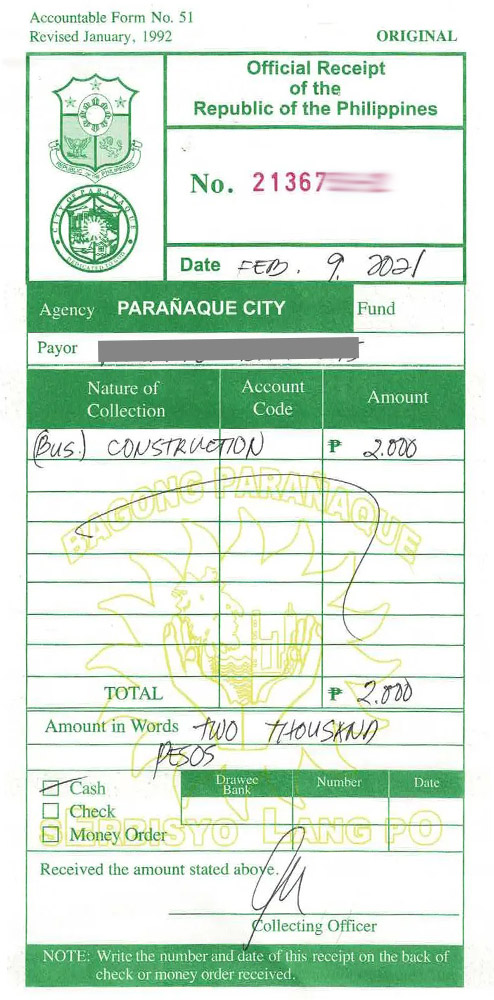 Sample of official receipt of a barangay clearance for a construction project in Paranaque City, Philippines
