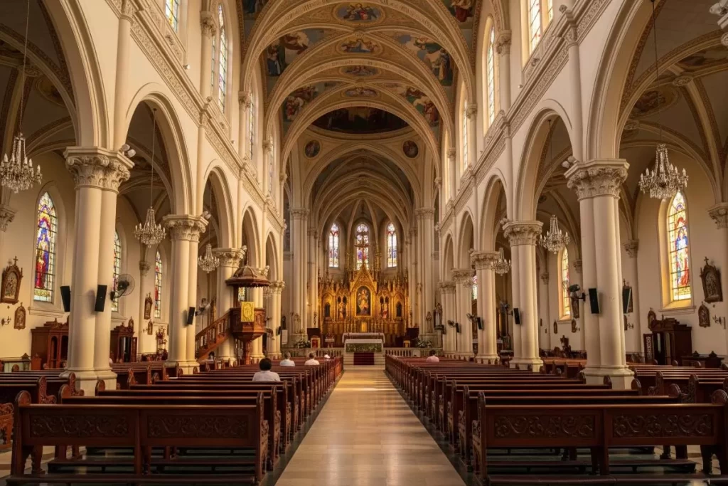 A full view of the Cathedral of the Holy Child in Bacolod City showing its stone façade, twin bell towers, arched stained-glass windows, and landscaped gardens, photographed in warm daylight for a romantic Valentine’s Day in the Philippines.