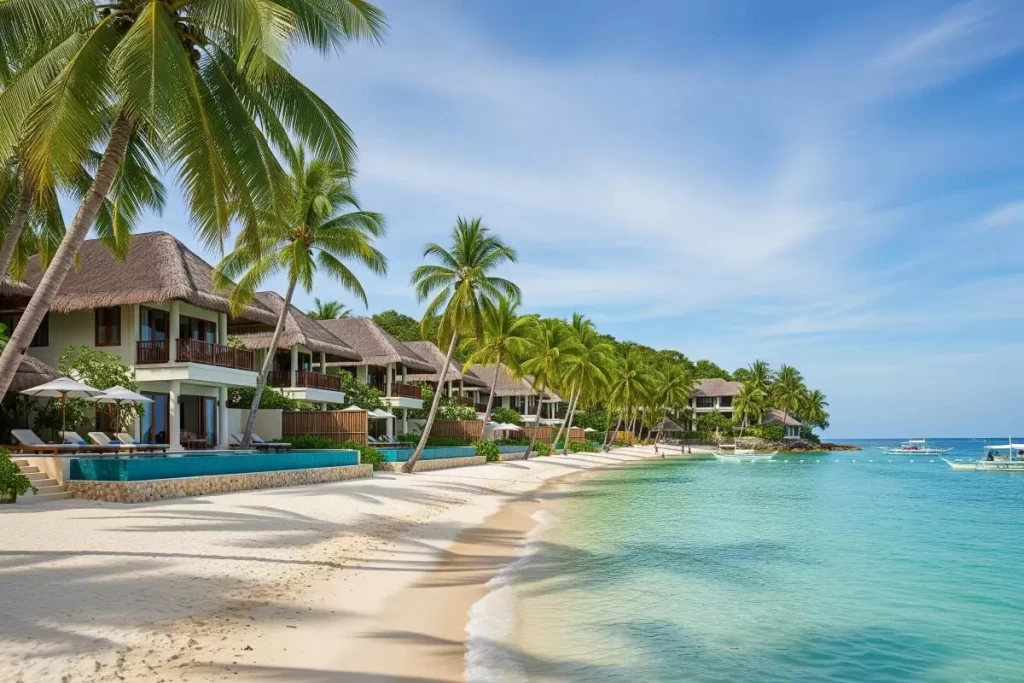 A coastal image of The Nile Resort and Spa on Boracay Island showing beachfront pavilions, infinity-edge pools, palm-lined pathways, and ocean-facing terraces designed with tropical architecture and natural materials, offering a romantic escape for couples.