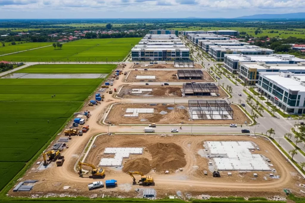 A close-up of a large stack of legal documents and government forms bound and organized on a desk, symbolizing the extensive paperwork involved in the process of land use conversion in the Philippines, including permits, certifications, official receipts, maps, and application forms.