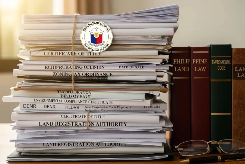 A high-angle view of a large stack of printed legal documents, certificates, forms, maps, and photographs bound together and arranged on a wooden table, representing the extensive paperwork and regulatory compliance required for real estate development applications in the Philippines.