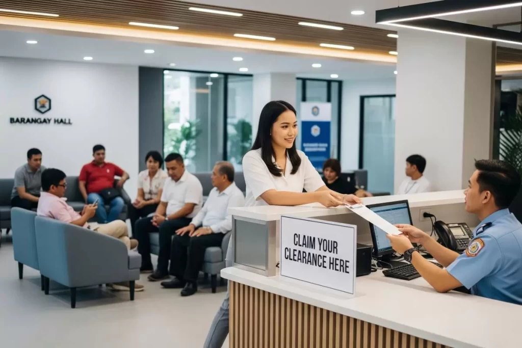 A Philippine barangay hall with people seated and standing while local officials at a desk process barangay clearance documents, reflecting the community-based governance tradition of the Philippines.