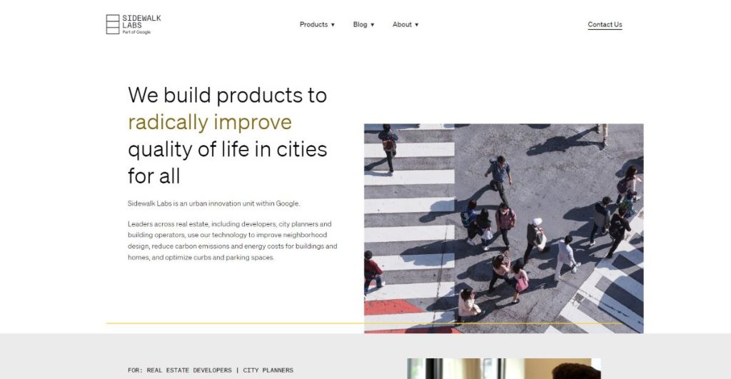 Screenshot of Sidewalk Labs website, highlighting its AI-driven approach to urban innovation, offering diverse products such as Delve, Mesa, and Pebble to address various challenges and foster sustainable, connected communities.