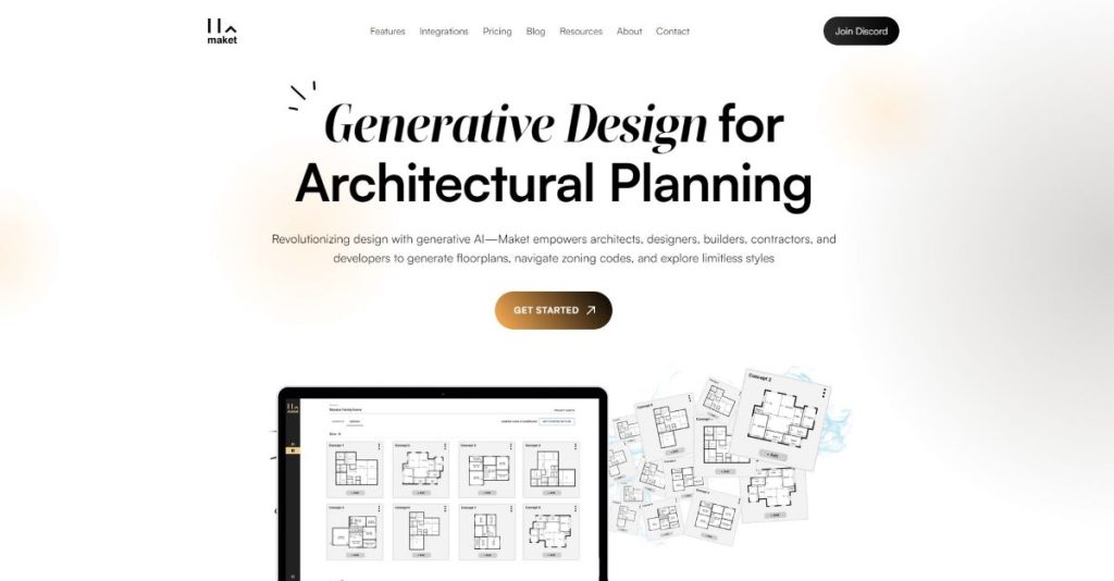 Screenshot of Market.ai website, showcasing its AI-driven generative design capabilities that streamline the architectural process, allowing users to create floorplans, adhere to zoning regulations, and experiment with diverse styles.