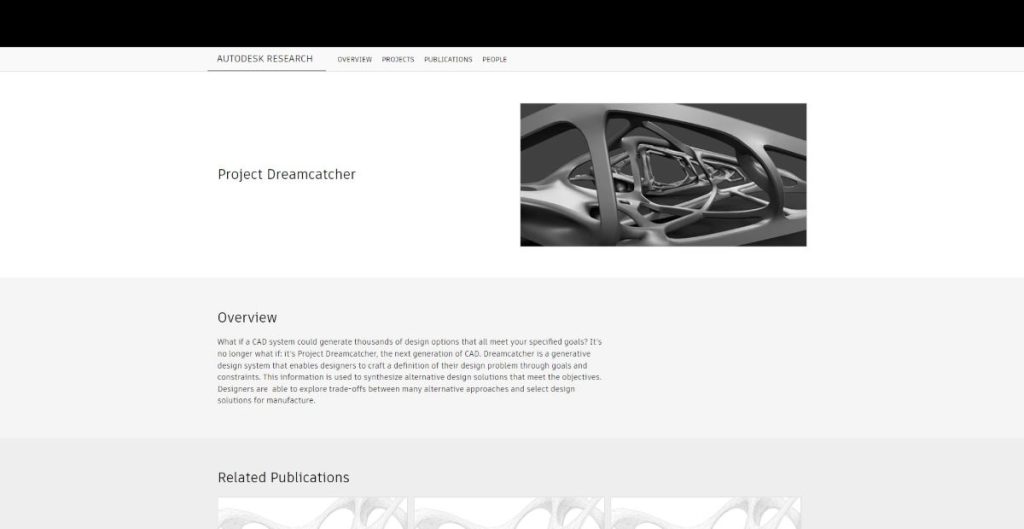 Screenshot of Autodesk Project Dreamcatcher website, showcasing its AI-driven generative design capabilities for architects and engineers, along with advanced optimization features and seamless integration with design workflows.