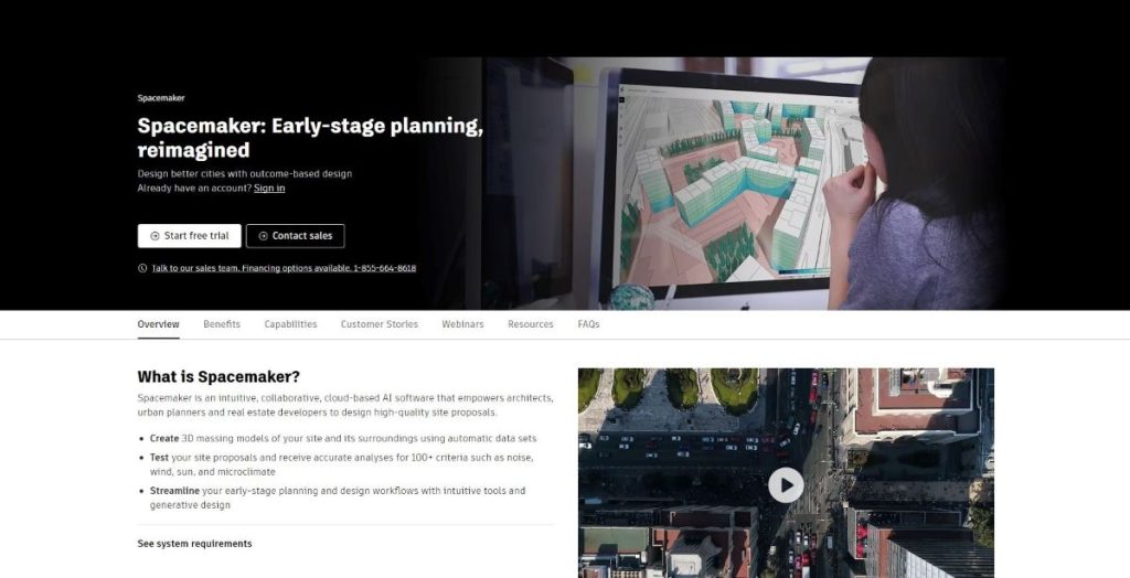 Screenshot of Spacemaker website showcasing AI in architecture, with features such as design optimization, real-time collaboration, and data-driven decision-making.