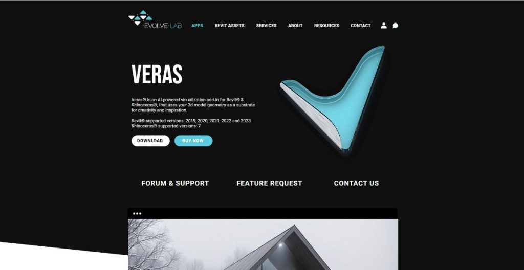 Screenshot of Veras website highlighting AI in architecture, offering architects and designers advanced rendering capabilities, photorealistic images, and seamless integration with design software.