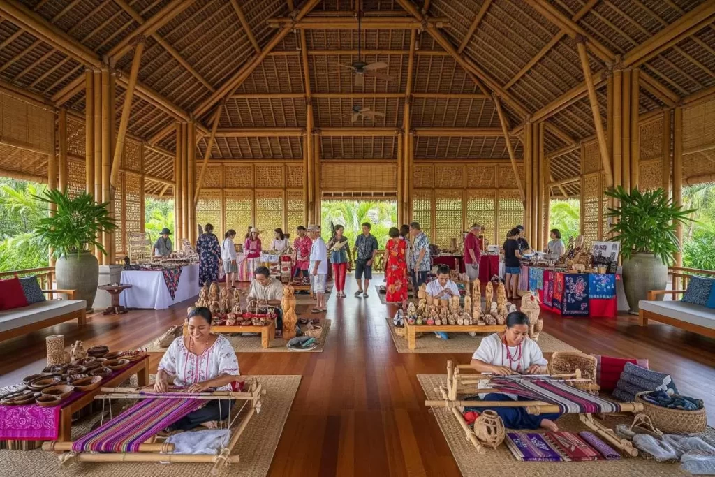 People browsing and purchasing handcrafted goods from local artisans inside a spacious bamboo hall with open sides, natural light, and tropical landscaping, showcasing Philippine tourism architecture that blends cultural heritage, community engagement, and sustainable design.