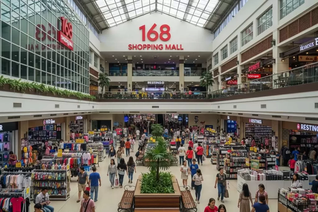 A street-level view of 168 Shopping Mall in Binondo, Manila, showing its multi-story concrete structure with glass entryways, prominent signage, rows of storefronts, and bustling crowds, capturing the retail intensity and architectural design of the 168 shopping mall as a hub of independent wholesale commerce.