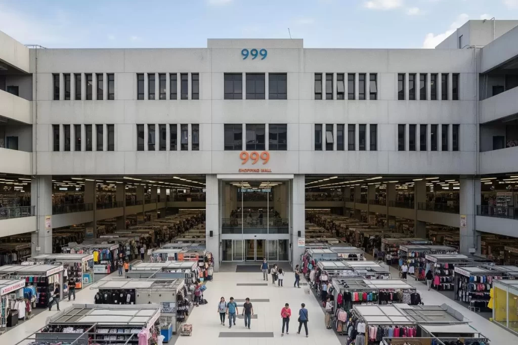 A wide-angle daytime view of 999 Shopping Mall on Recto Avenue showing its multi-story concrete structure with minimalistic facade, glass entryways, signage-lined exterior, and heavy pedestrian activity, illustrating the mall’s functional architecture and role in Manila’s dense urban retail environment.