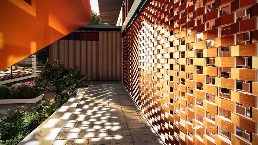 Innovative use of special wall blocks acting as a brise-soleil for the sculptural house