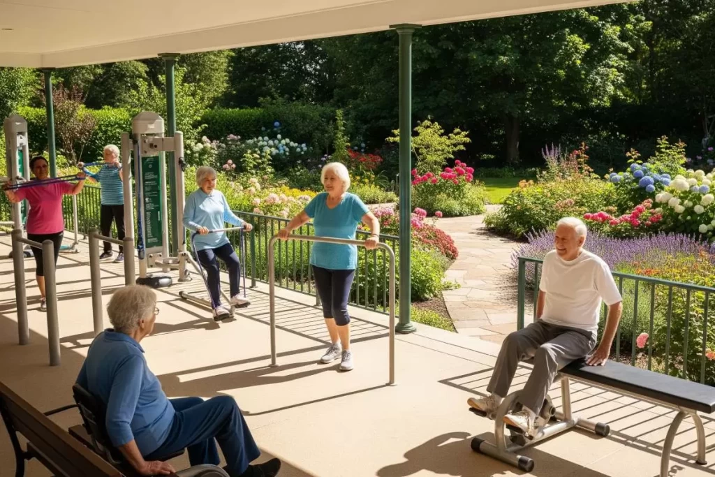 Elderly residents in an assisted living eco-tourism resort are participating in a guided fitness session with low-impact exercises inside a light-filled wellness space, designed to promote health, social interaction, and active living in a tropical retirement community.