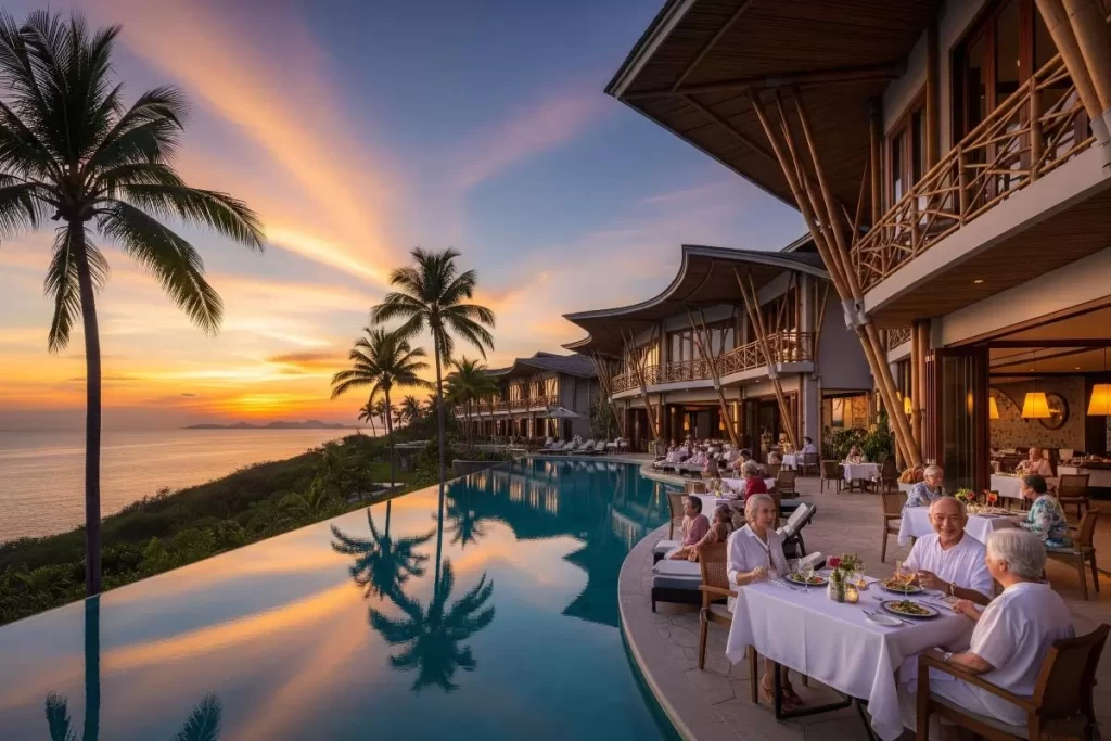 People are dining at an outdoor restaurant beside an infinity pool in a tropical assisted living eco-tourism resort during sunset, with lush greenery and architectural features blending hospitality, wellness, and nature in a luxurious retirement setting.