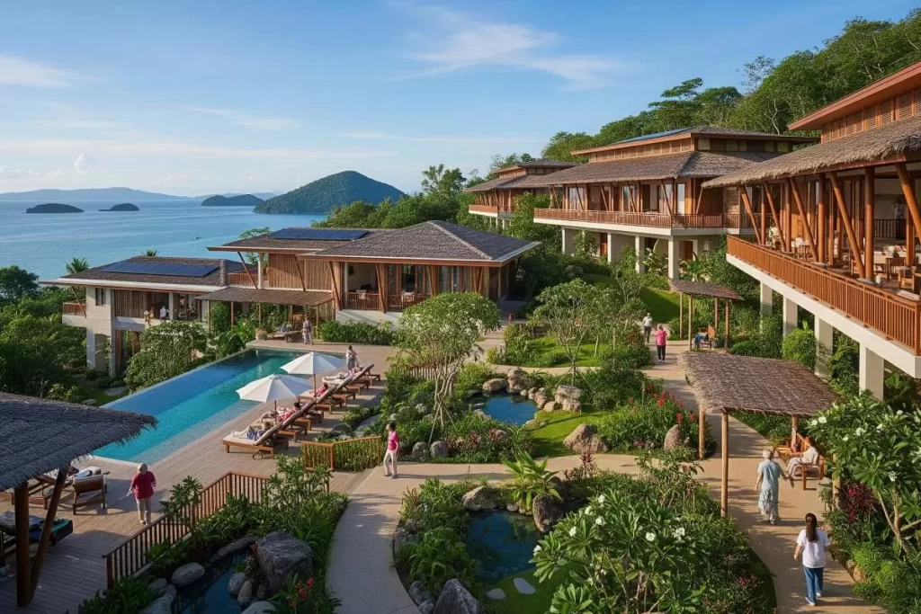 A tropical assisted living eco-tourism resort is shown with lush greenery, open-air architecture, and luxurious amenities blending hospitality and healthcare, symbolizing the developer’s role in creating a sustainable retirement destination in the Philippines.