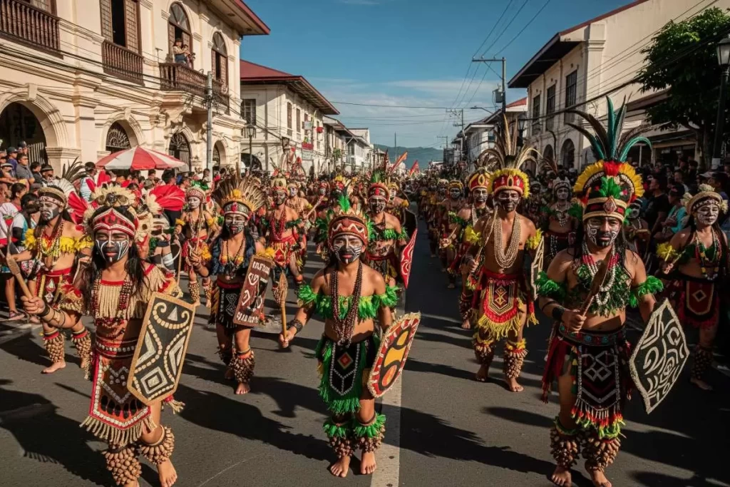 A dynamic street scene of the Ati-Atihan Festival in Aklan, showing participants with soot-painted faces, colorful tribal headdresses, and traditional Visayan attire, dancing to rhythmic drumbeats in celebration, illustrating the cultural richness of the Philippine archipelago and evoking the question of how many islands are in the Philippines.