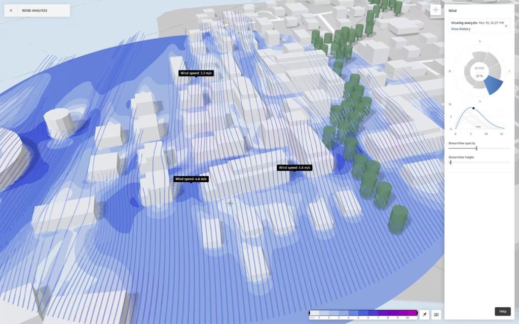 Autodesk Forma showing its capabilities for wind analysis as a tool with artificial intelligence