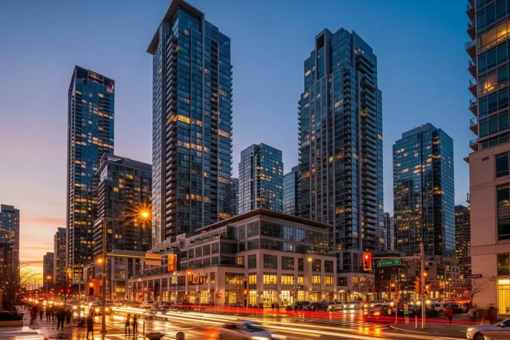 Evolution And Controversies of Philippine Condominium Designs 2 A contemporary mid-rise condominium building with modern architectural features located adjacent to a landscaped town plaza with pedestrian pathways and urban greenery, representing current trends in Philippine condominium designs.