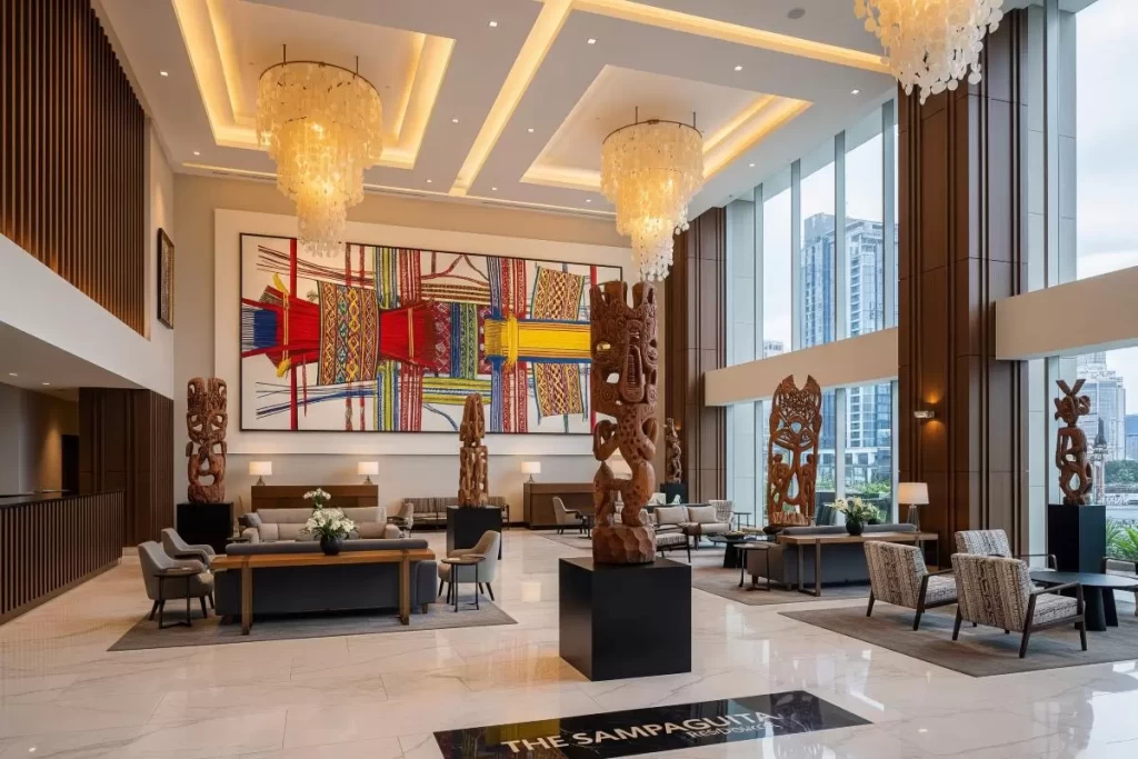 Evolution And Controversies of Philippine Condominium Designs 3 A condominium lobby featuring Filipino design elements such as carved wood paneling, woven textile accents, natural stone flooring, and traditional motifs, illustrating the integration of local culture in modern high-rise architecture.
