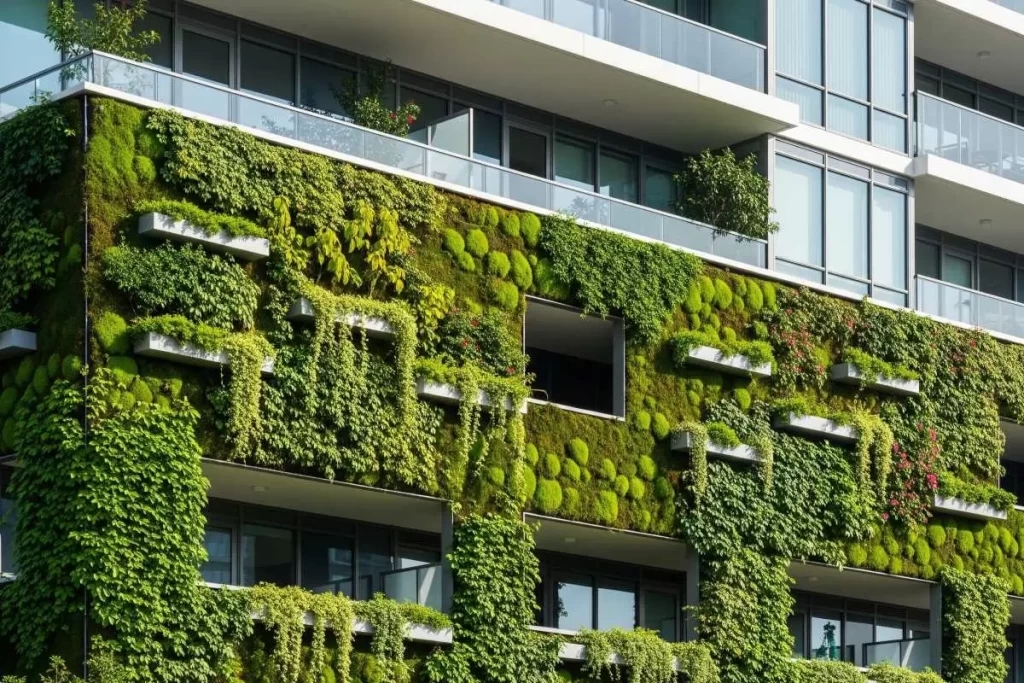 Evolution And Controversies of Philippine Condominium Designs 4 A lifestyle condominium building in the Philippines with a multi-story green wall facade covered in moss and climbing vines, balconies with glass railings, and an integrated design that blends nature with urban architecture.