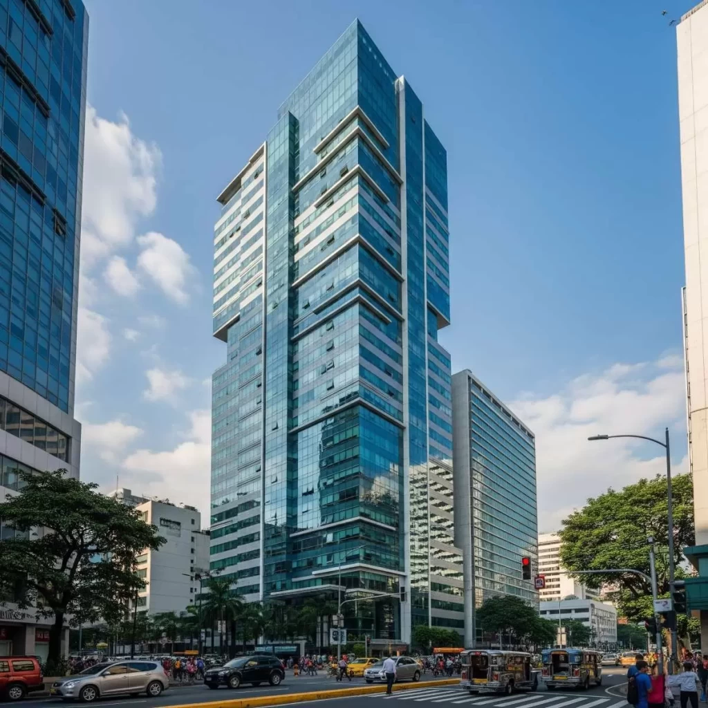 A tall modern building stands prominently along a busy Philippine city street surrounded by mid-rise buildings, trees, vehicular traffic, and pedestrians, illustrating urban development near renewable energy zones and highlighting real estate investment opportunities in the Philippines.