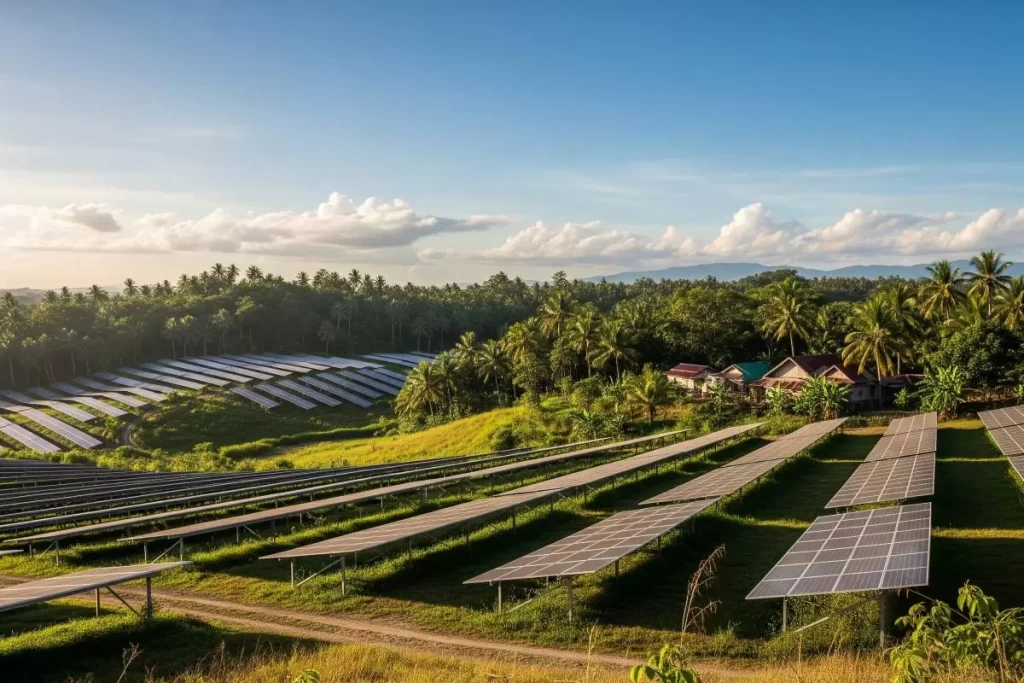 A wide solar farm stretches across arid land under a clear sky, with rows of photovoltaic panels reflecting sunlight and small utility buildings nearby, illustrating the Philippine shift toward renewable energy infrastructure amid rising power demands.