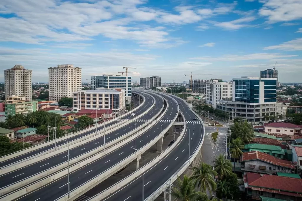 Aerial view of a multi-lane highway curving through a densely built Philippine city in 2024, surrounded by high-rise condominiums, commercial buildings, and pockets of green space, illustrating the rapid development and spatial tension of philippine real estate in 2024.